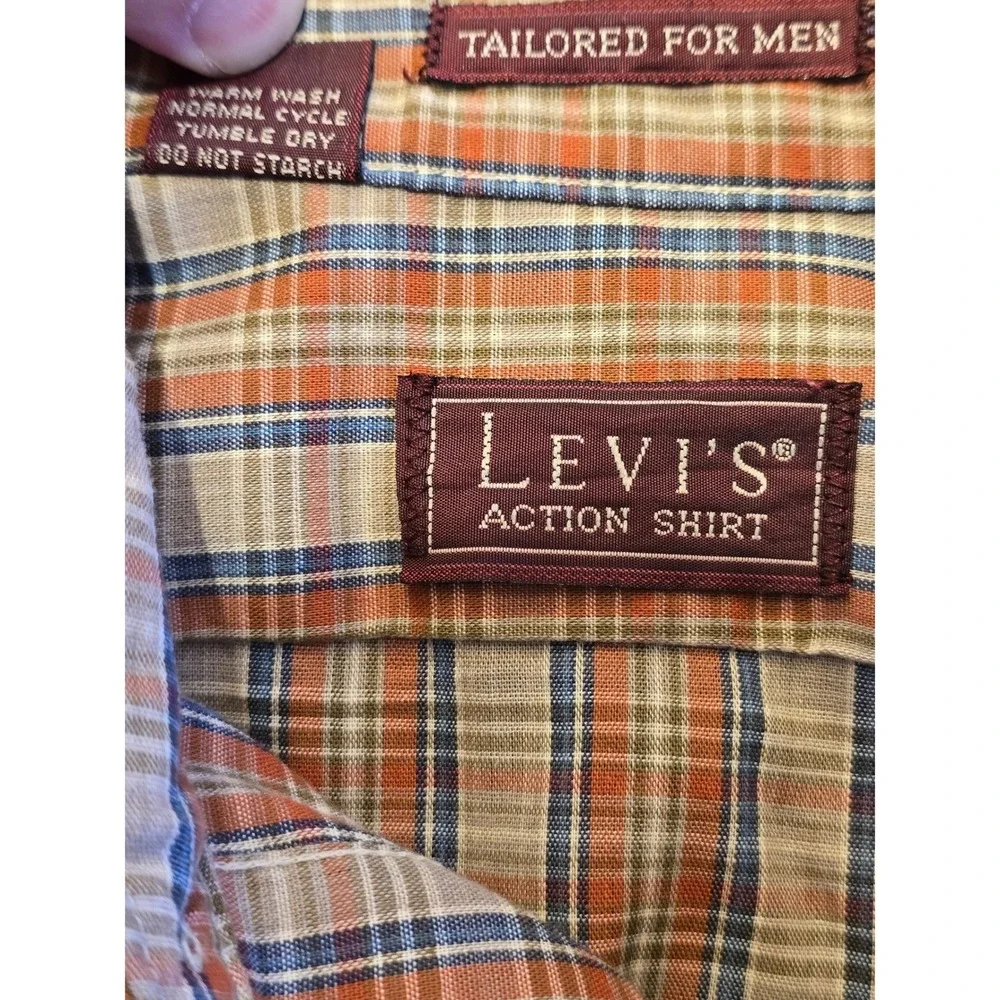Levis Action Shirt Mens Small Orange Plaid Long Sleeve Button Down‎ Made in USA
